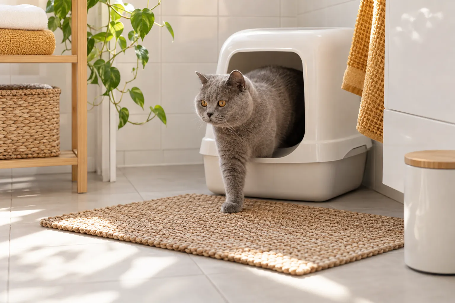 Grijze Britse korthaar stapt uit een witte dichte kattenbak in een lichte badkamer